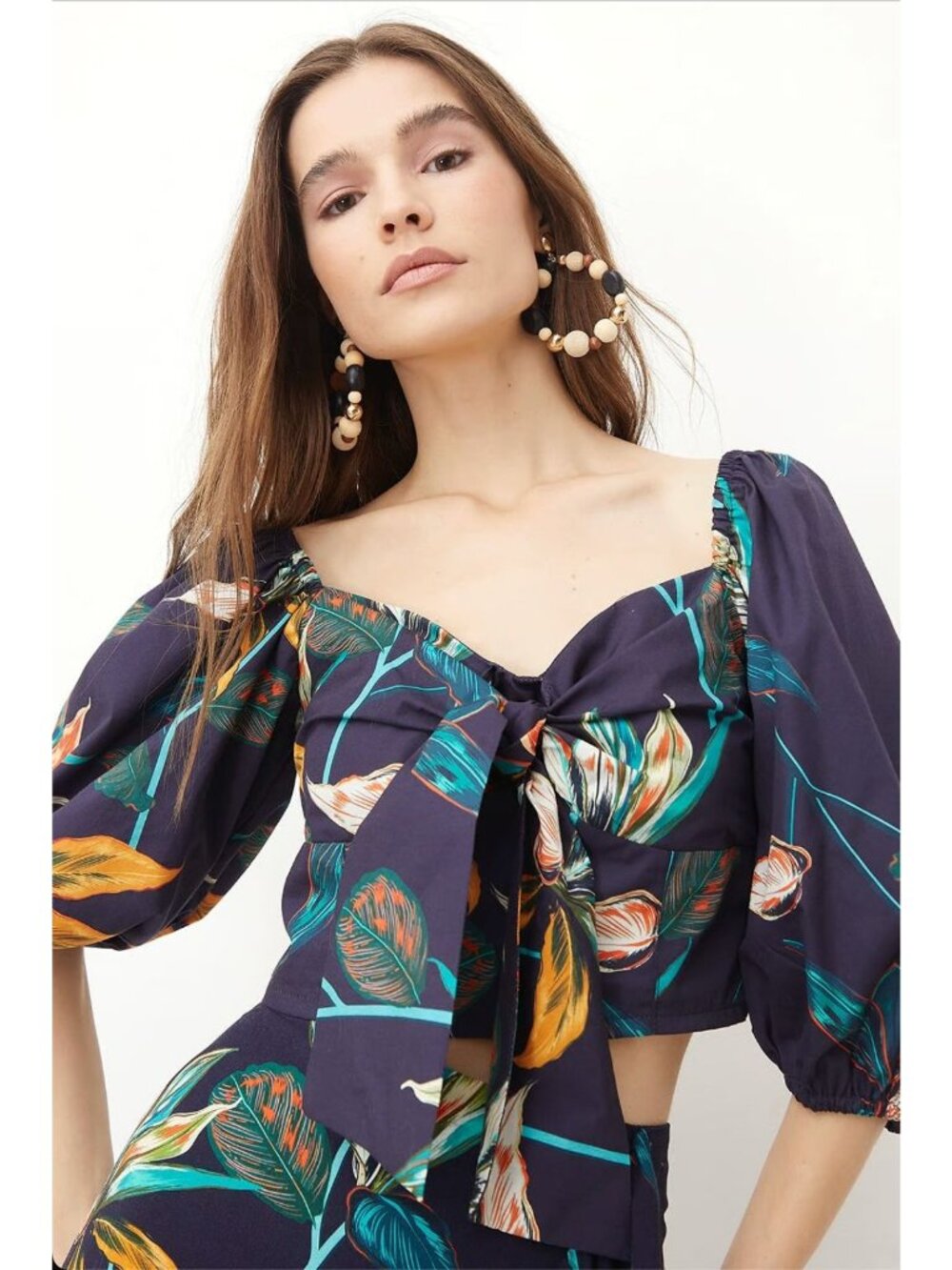 Andres Otalora x Falabella Puff Sleeve Tie Front Cropped Blouse Navy Tropical XS